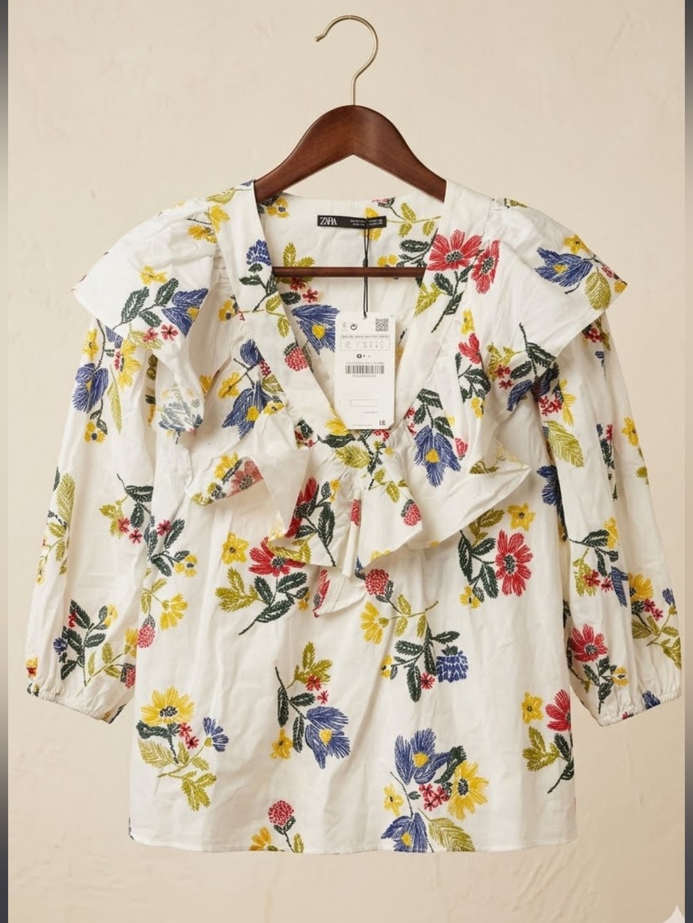 Zara White Floral Ruffle V-Neck Tunic with Multicolor Embroidery